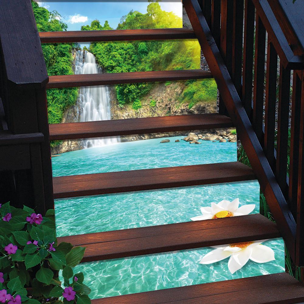 楼梯仿3d个性创意白莲瀑布foy贴自粘墙贴墙纸防污装饰美化dlt004