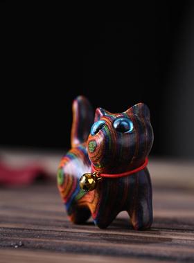 木头物语 彩虹木雕刻可爱猫手把件小猫迷你桌面摆件工艺品礼品