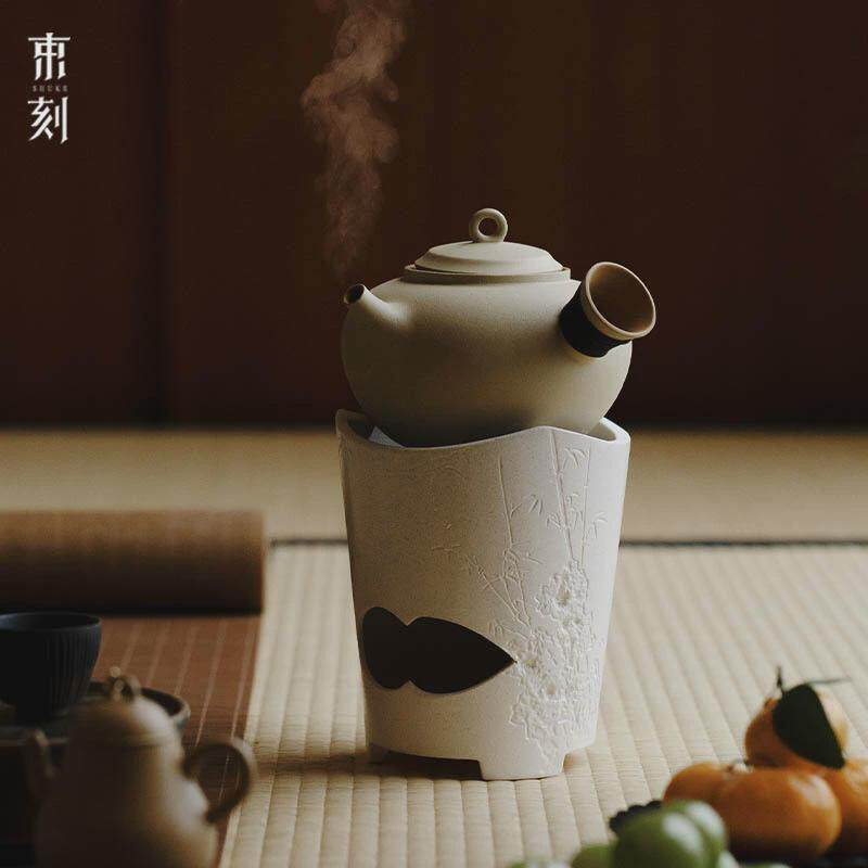 束刻半手工段白泥复古日式围炉煮茶炉黄陶泥泥紫砂煮茶壶
