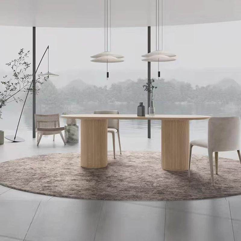 罗马柱椭圆形实木餐桌现代简约岩板原木办公会议桌饭桌家用餐桌