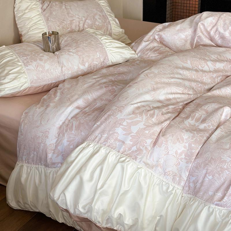 热销63n小清新100s高支长绒棉四件套法式褶皱花边床上用1.8米被套