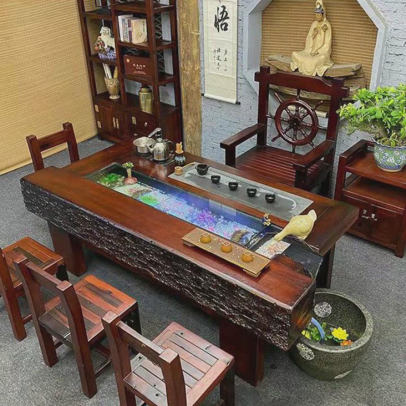 tj老船木茶桌椅禅意中式流水养鱼茶台茶几新中式实木茶道会客一整