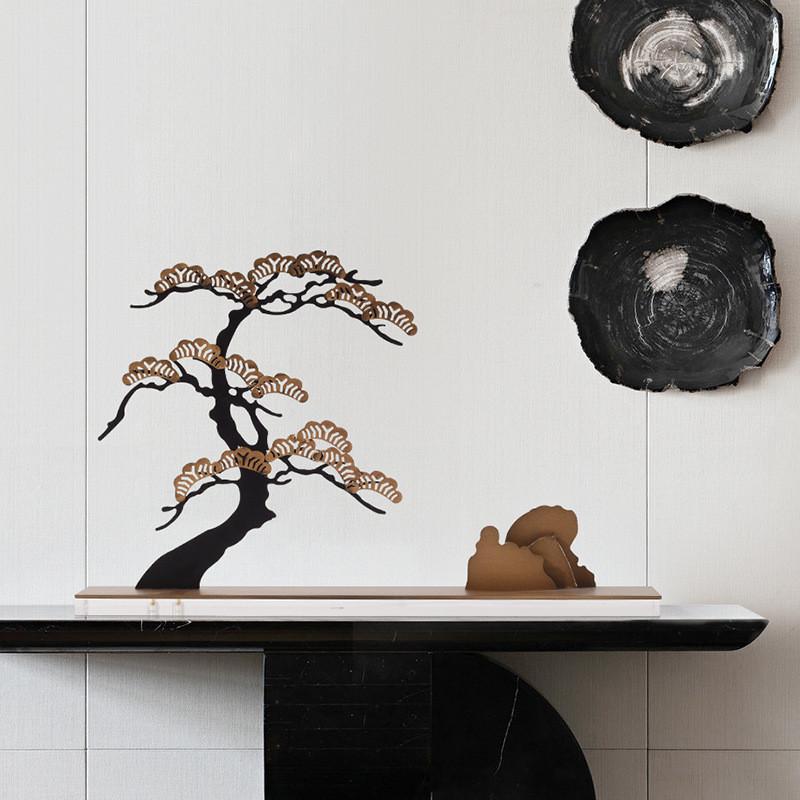 热销新中式铁艺迎客松摆件玄关摆台软装台酒店茶室端景饰品雕塑工