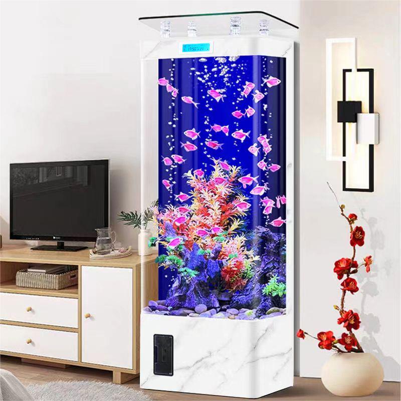 热销新房装修新款鱼缸客厅立式浮法热弯玻璃落地家用背过滤电视柜