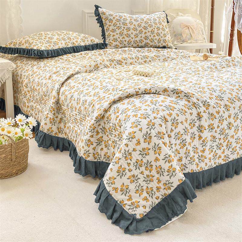 法式复古风全棉绗缝床盖四件套单床盖枕套花边床上用品三件套