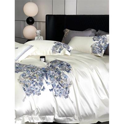 现代轻奢风蝴蝶刺绣寝具超柔澳品高级感床棉纯棉长绒棉四件套蓝羽