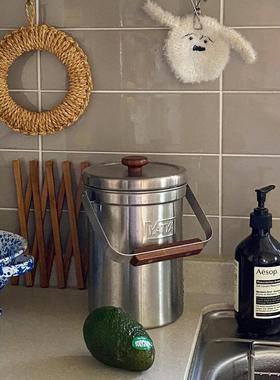 韩国制VATYA高颜值不锈钢收纳桶实木手柄厨房桌面垃圾桶居家装饰