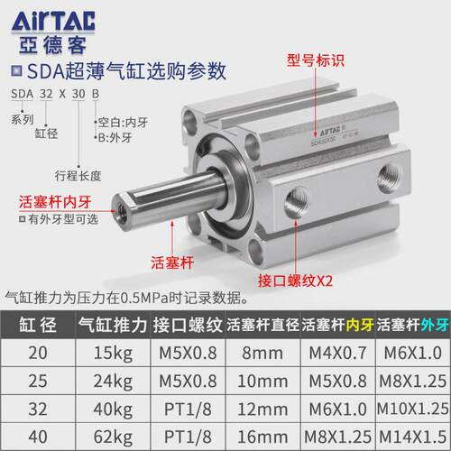 适用亚德客大推力薄型气缸带磁SDA50/63/80/100*10X15X20X25X30X4