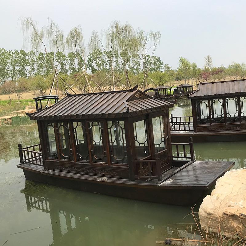 电动观光画舫船旅游景观风景木船接待水上餐饮住宿船仿古黑色游船