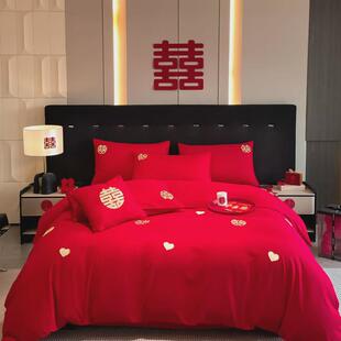 婚庆四件套被子枕芯套装一整套新婚床上用品全套红色中式刺绣喜被