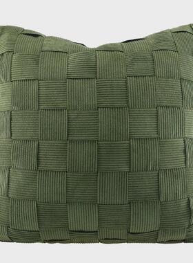 条纹绿色灯芯绒松手工编织抱枕日式北欧ins客厅沙发50cm方靠垫套