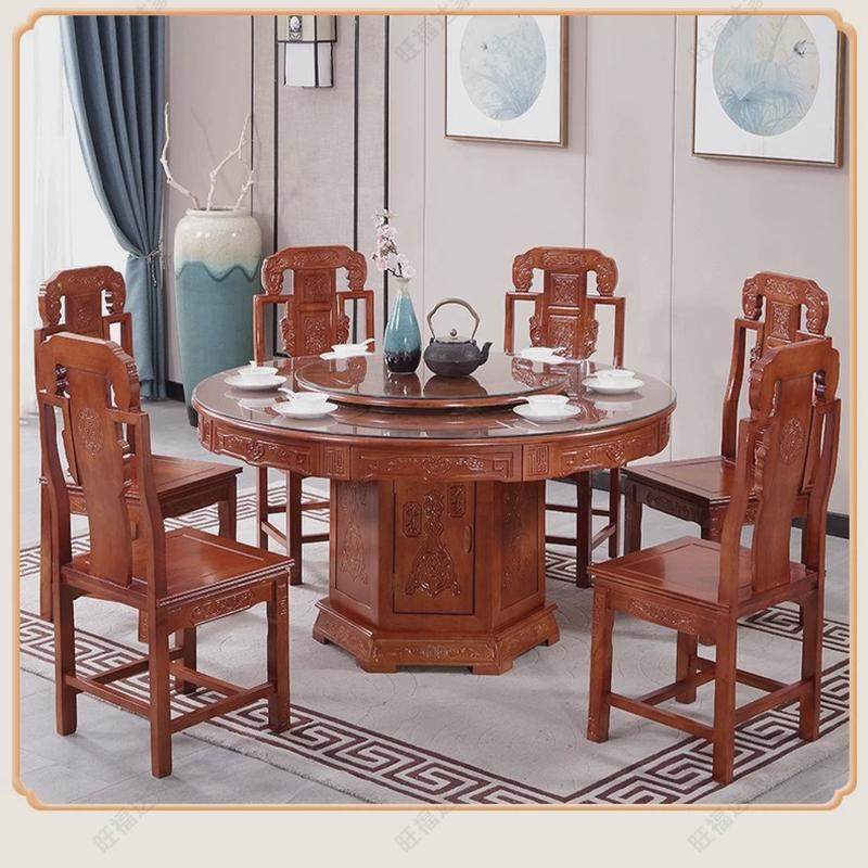 y禊3纯实木餐桌椅组合10人大吃饭桌圆形带转盘圆桌8人6人中式雕花