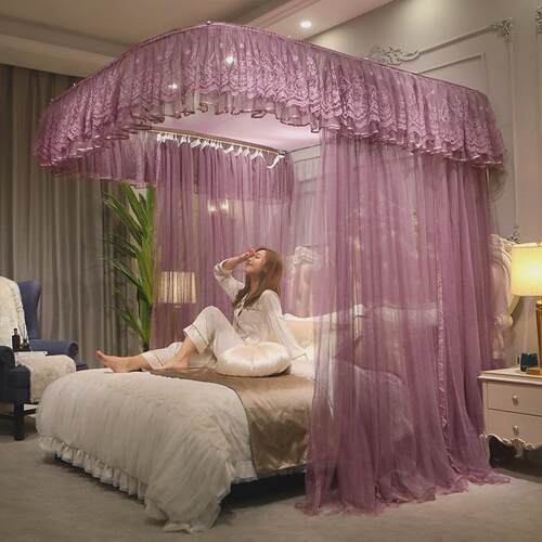 蚊帐家用落地u型导轨1.8m床公主风2米大床1.5m带支架加密加厚纹账