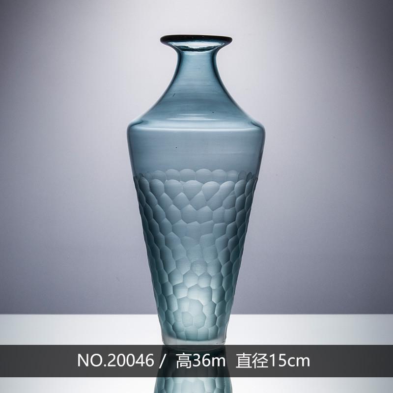 浅蓝磨刻细脖富贵竹水培玻璃花瓶花器家居装饰摆件工艺品批发