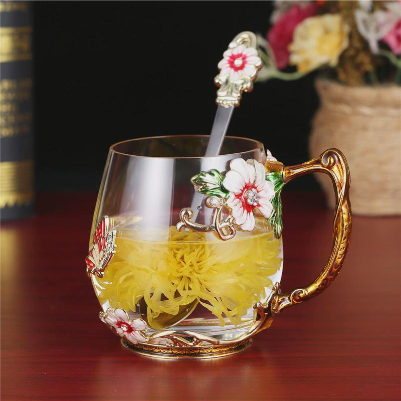 高颜值珐琅彩水杯家用花茶杯耐热创意彩绘水晶玻璃杯子咖啡杯带把