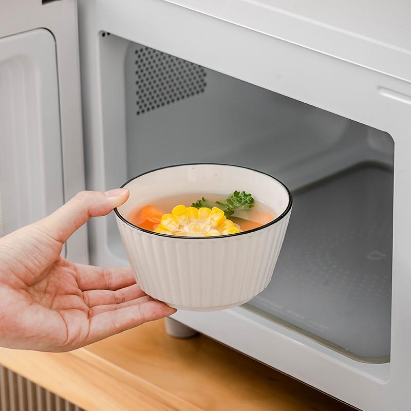 48n家用小木本记陶瓷米饭碗竹汤碗釉下彩竖纹餐具4.5英寸饭碗4