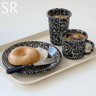 搪瓷黑白星空泼墨马克杯沙拉水果盘酸奶碗燕麦碗烤盘 韩国Eding
