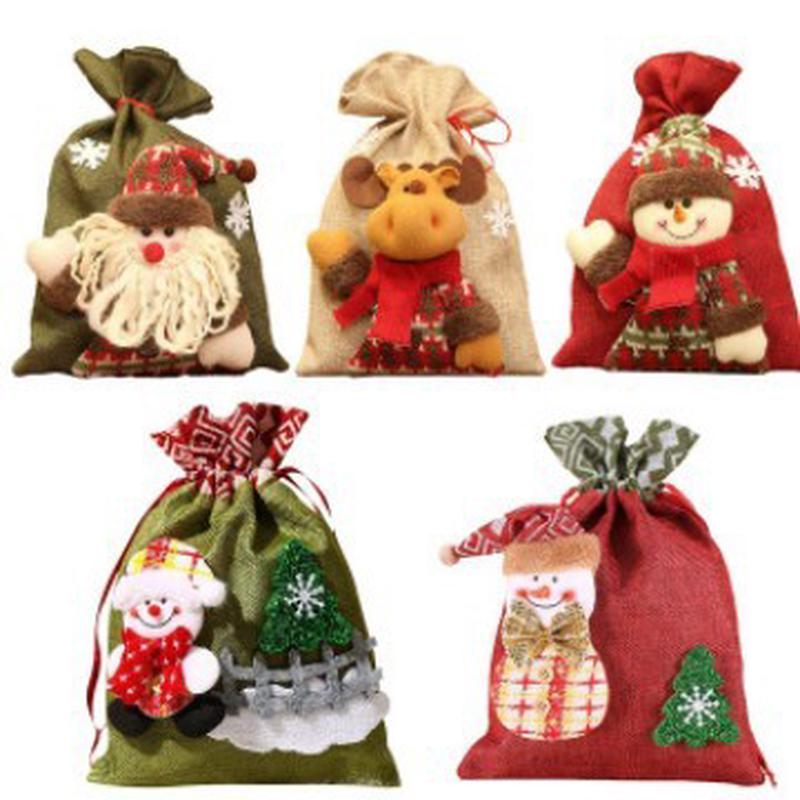 铭冠圣诞装饰品5圣诞老人组盒套装束口袋件套雪人麋鹿麻布礼品袋