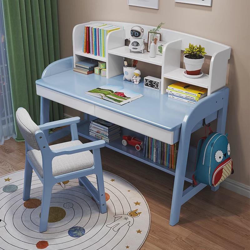 儿童学习桌椅子一套卧室家用小学生写字桌可升降全实木书桌带书架