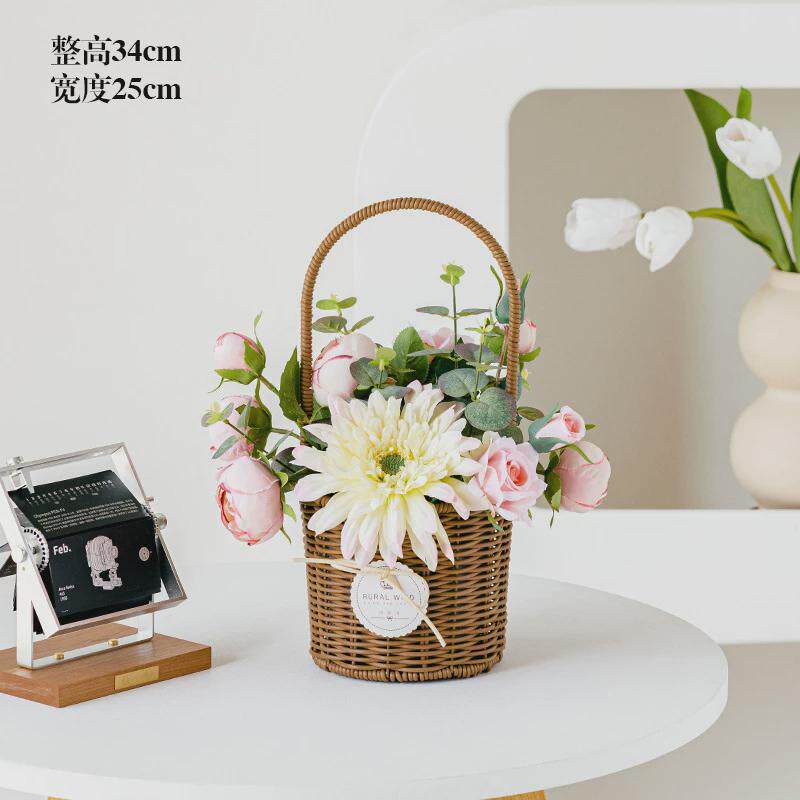 高档假花仿真花摆设拍照道具手工编织花篮沙滩野餐露营北欧向日葵