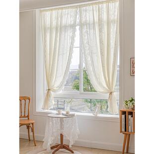 58n免打孔魔术贴穿阳台窗帘窗透光不透人纱帘双层白色蕾丝客厅杆