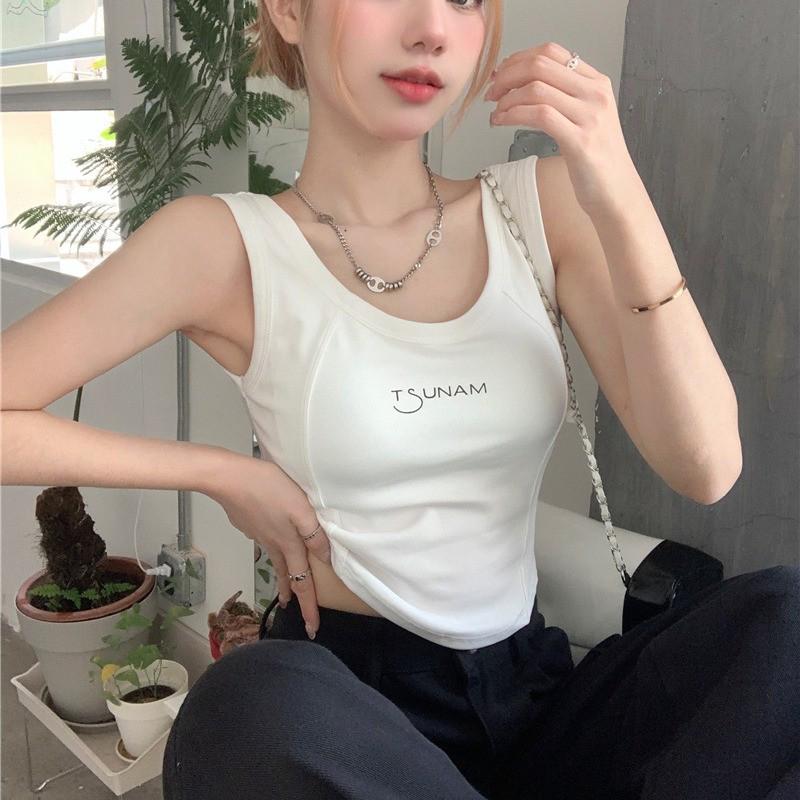 无袖美式运动背心女外穿带胸垫内衣一体夏季修身短款甜辣吊带上衣