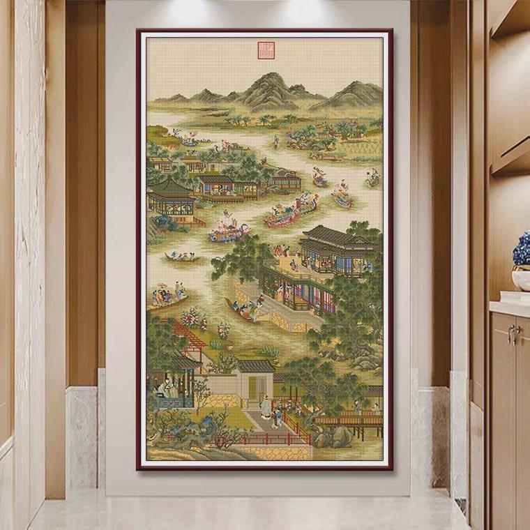 45N雍正十二月五月十字绣2024新款线绣风景名画竖版玄关客厅手工