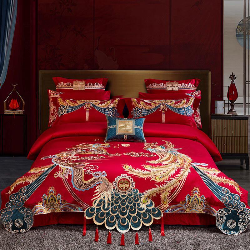 厂家批发100支双股长绒棉婚庆多件套 大红色刺绣高档结婚床上用品