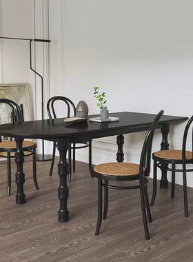 法式复古实木餐桌长方形侘寂台小户型靠墙饭桌椅创意个性餐风黑色