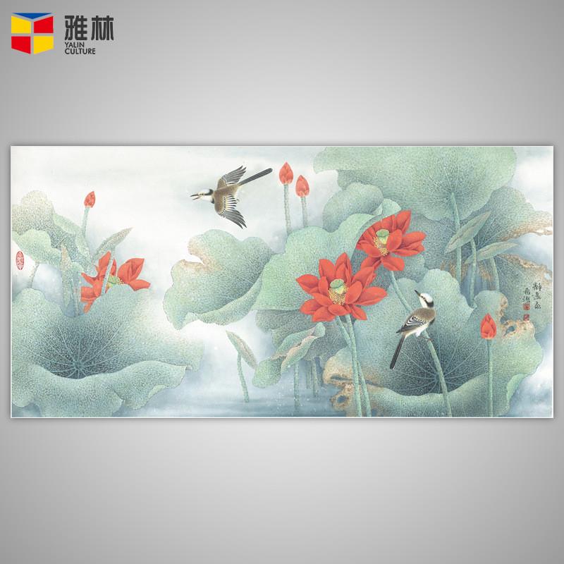 现代装饰画董希源四尺微荷花鸟红喷画心客厅横款宣纸工笔画可定制图片