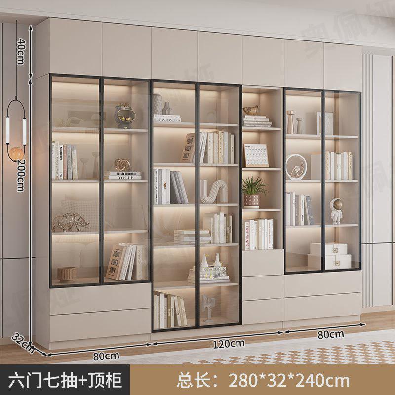 现代简约家用组合柜客厅收纳柜储物柜实木书柜玻璃门一体靠墙到顶