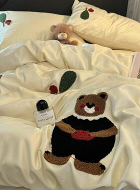 68nr4春夏季可爱冰丝床上四件套刺绣狗狗丝滑裸睡宿舍床单被子套