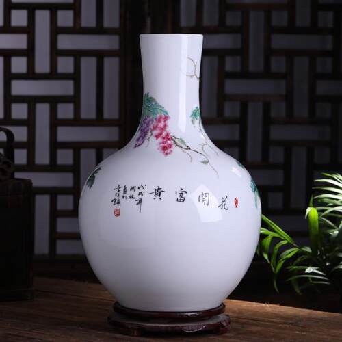 陶瓷花瓶摆件粉彩花鸟花开富贵釉上彩大号天球瓶装饰品玄关摆设
