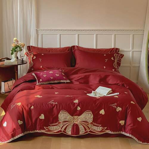 1vpr支婚庆100韩式长绒棉四件套唯美蝴蝶结刺绣结婚被套床上