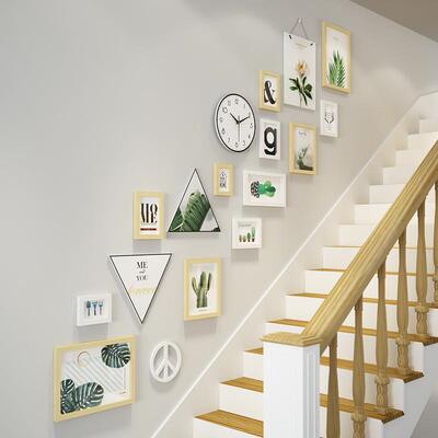 高分子7872包邮楼梯照片墙现代组合挂画绿植相框装饰换相片真钟表