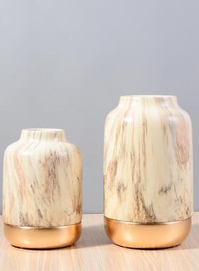轻奢大理石纹理陶瓷花瓶大口径插花瓶镀金防滑底座家居客厅盆栽瓶