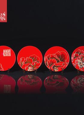 三彩艺原创《鎏金牡丹》手工陶瓷隔热杯垫餐桌洛阳特色自用送礼
