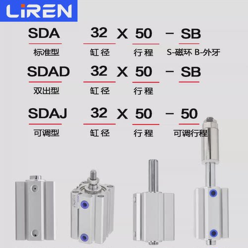 适用SDA薄型加长气缸25 32 40 50 63 80 100X120X150X200SB方型长