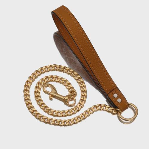 新款电商金色不锈钢牵引绳焊口nk链皮绳全训练遛狗宠物狗