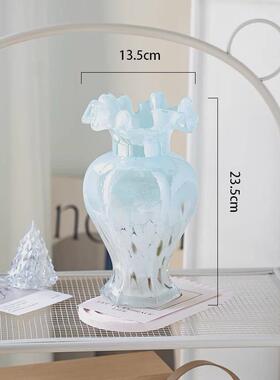 中古芬顿炫彩手工玻璃花瓶六角花边餐桌摆件水培插花家居摆件花器