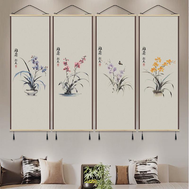 新中式布艺挂画茶室书房装饰画客厅背景墙玄关画走廊竖版画图片