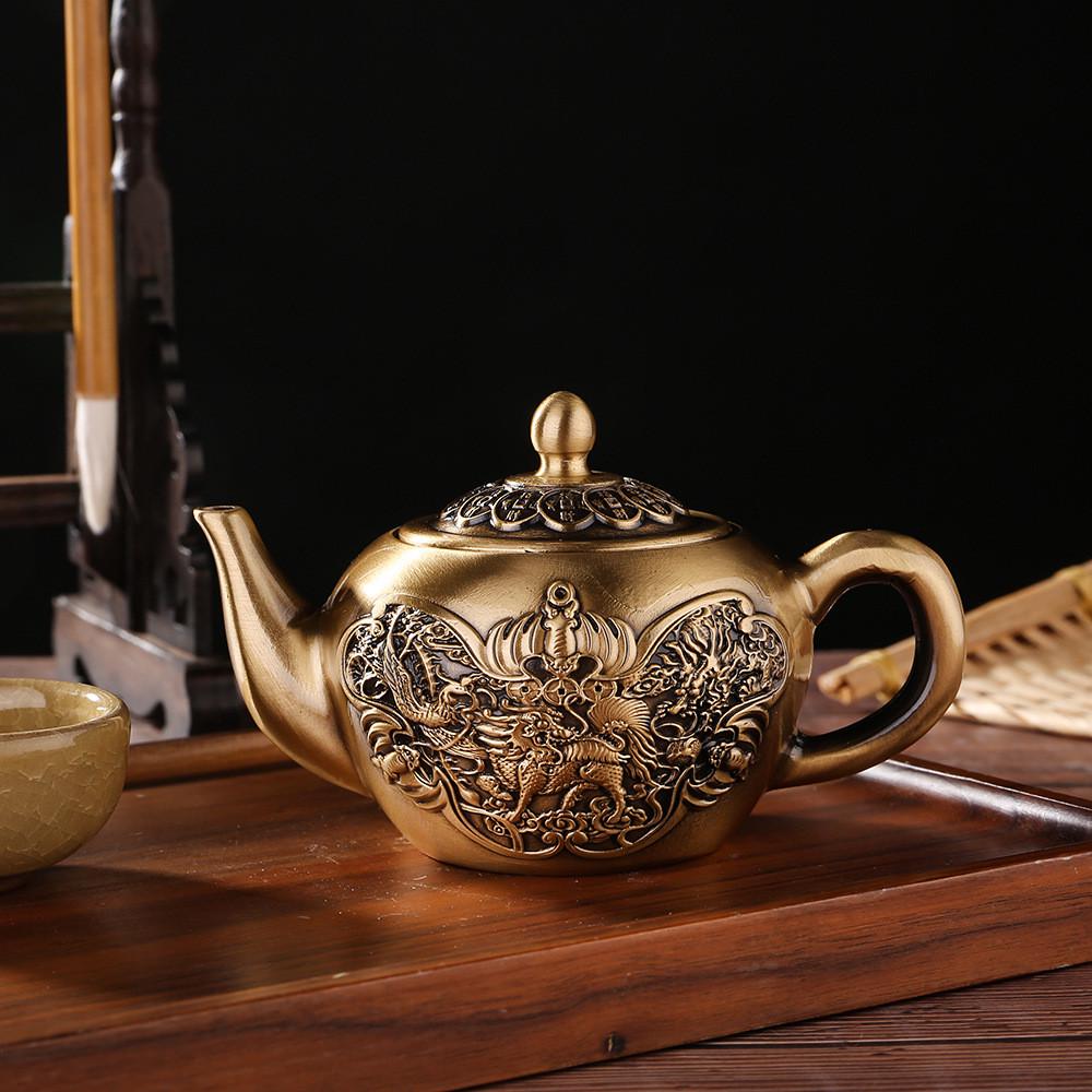 新品黄铜创意小茶壶麒麟酒壶办公桌面摆件中式古典迷你手把件复古