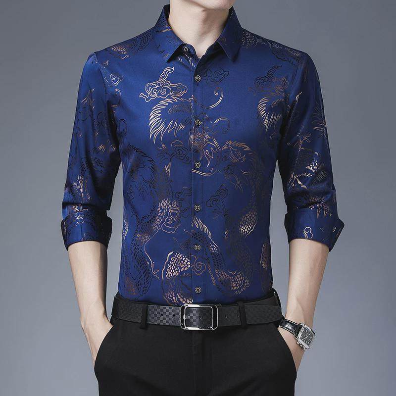 春秋季中年男士长袖冰丝衬衫薄款休闲印花纯棉龙纹爸爸衬衣,男装,衬衫,淘宝优惠券,粉丝福利购,淘宝优惠卷