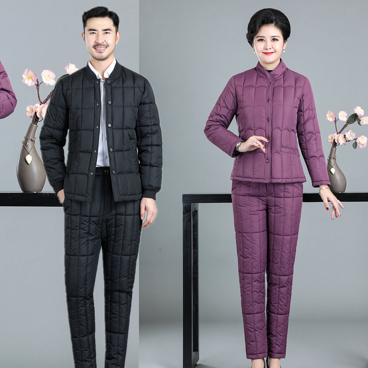 妈妈装中老年女士羽绒棉服套装冬季保暖加厚棉衣长裤两件套