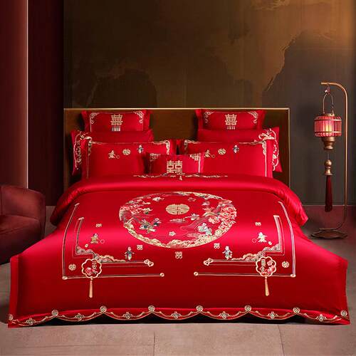 千禧新款双面120s长绒棉绣花婚庆多件套