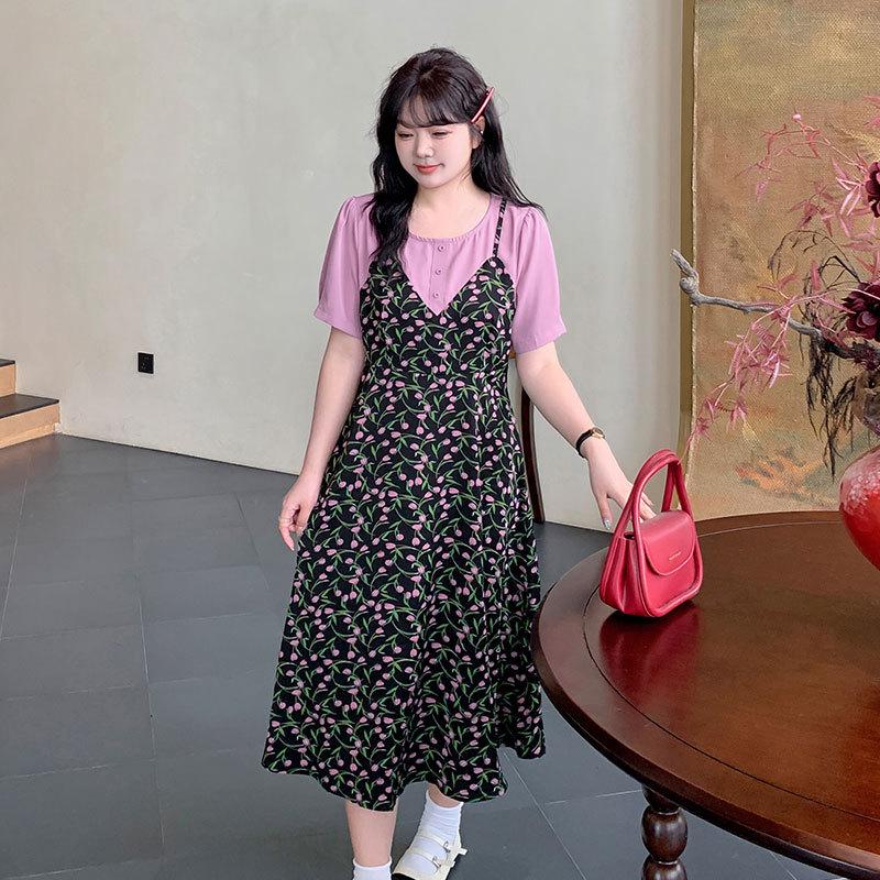 碎花2025夏季新款220斤胖mm加大码甜美减龄显瘦假两件
