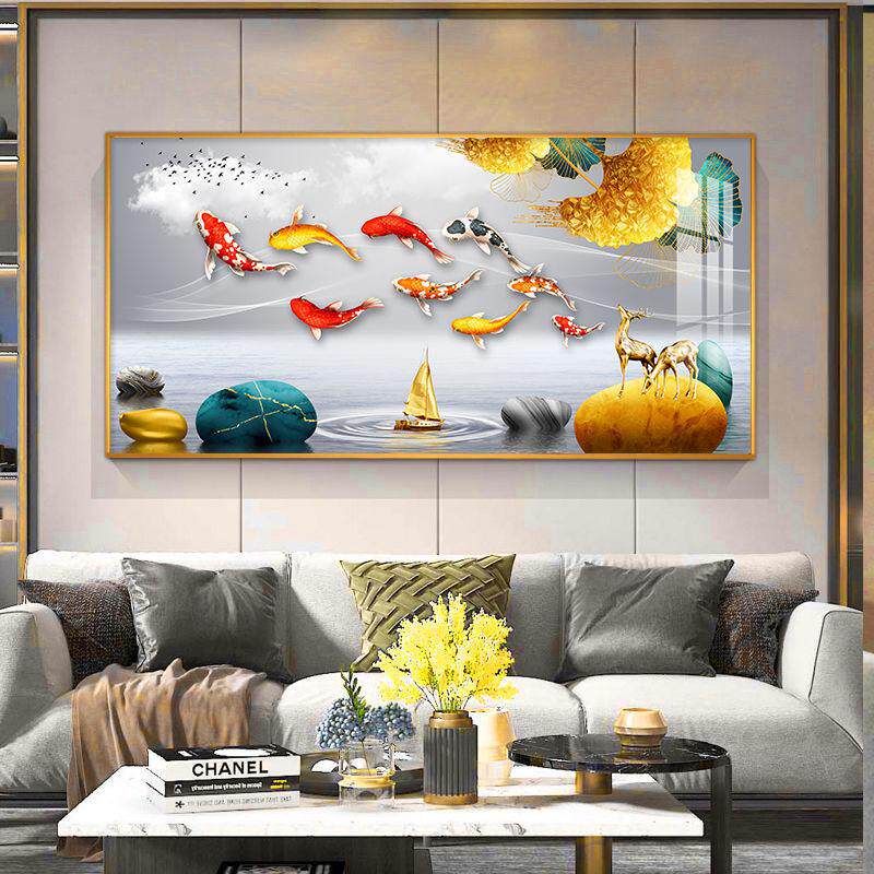 九鱼图沙发背景墙装饰画卧室床头壁画新中式餐厅包间山水轻奢壁画