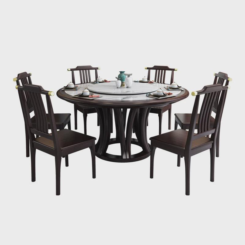 新中式带岩板桌面6-8人圆餐桌实木餐桌椅组合转盘酒店民宿用餐桌