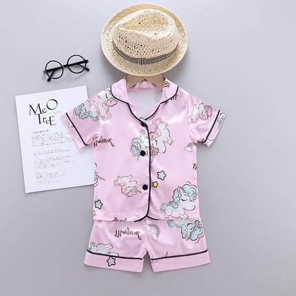 ins夏季新款韩版儿童睡衣独角兽冰丝款男女童家居服套装80--120码