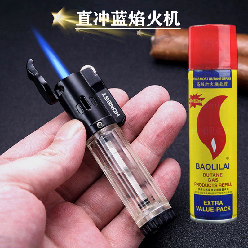 新款百诚防风直冲打火机充气蓝火焰可视气体创意个性火石砂轮式潮_虎窝淘